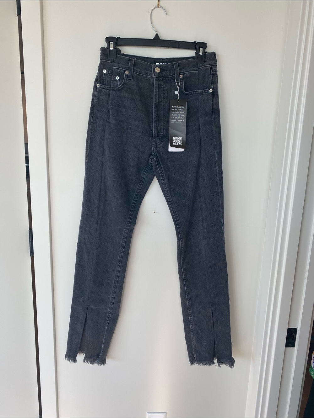 EB Denim Men's Slim Straight Raw Hem Jeans in Washed Black